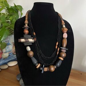 Chico's Handcrafted Wooden Bead Statement Necklace - Brown & Black